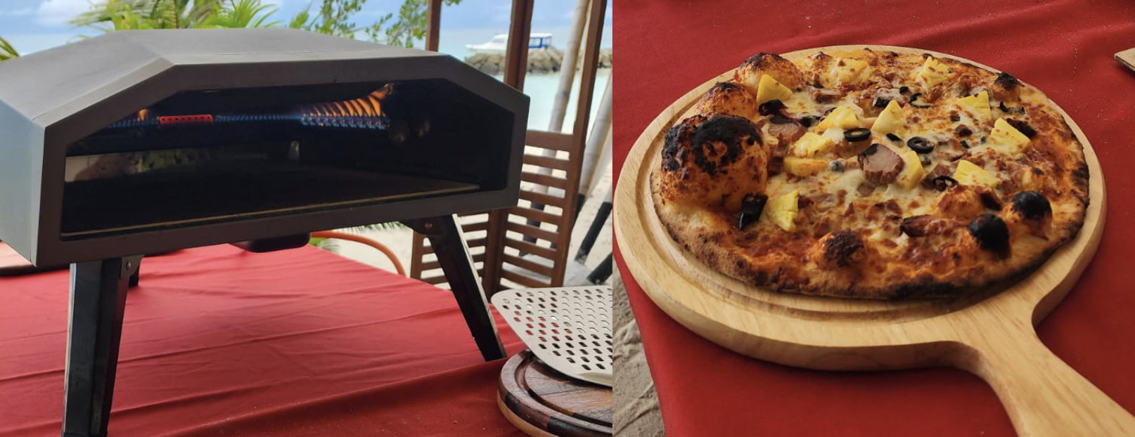 Stone-baked pizza oven and freshly-baked pineapple pizza at Shaka Slice by Luau